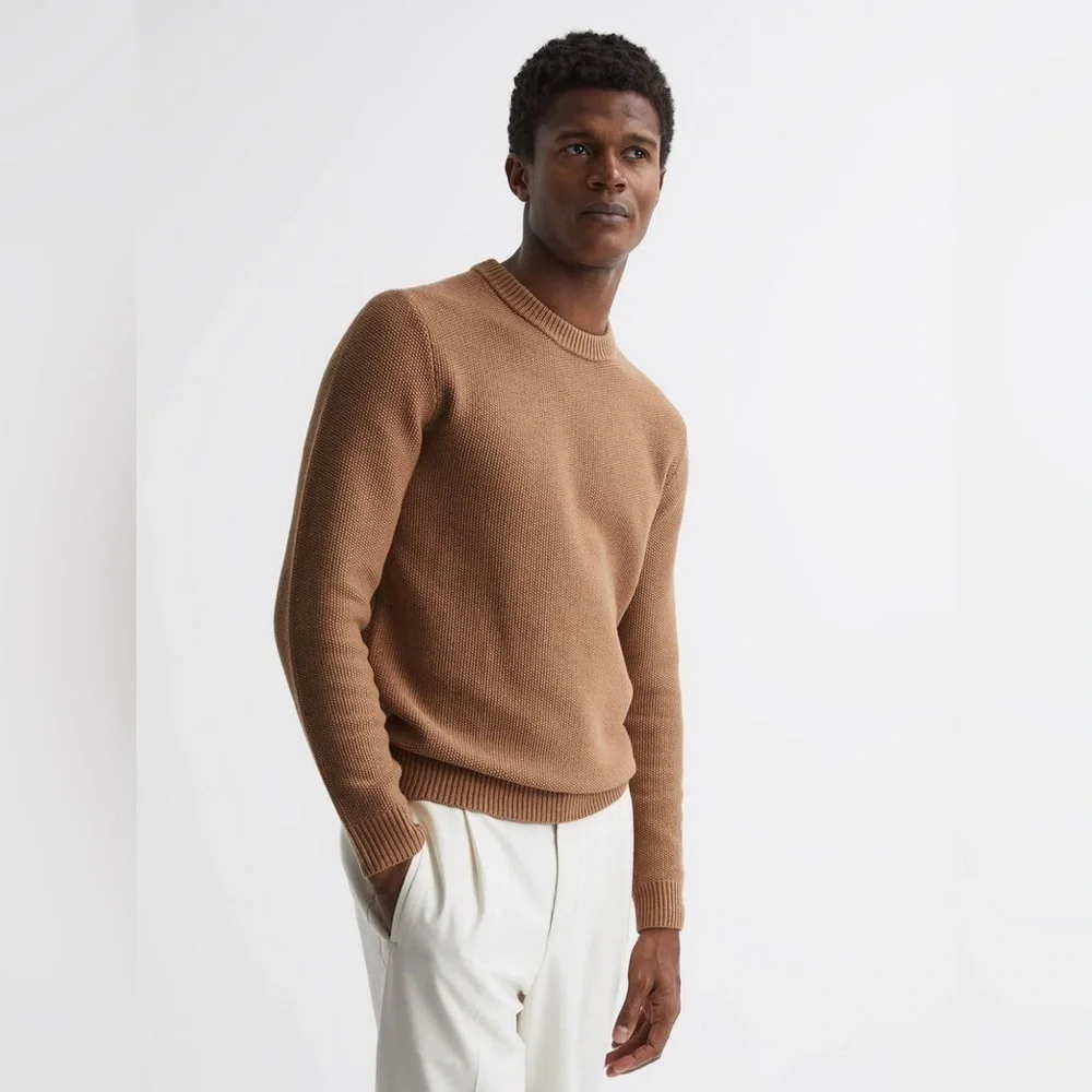 Reiss Cole Ribbed Crew Neck Jumper In Camel XL